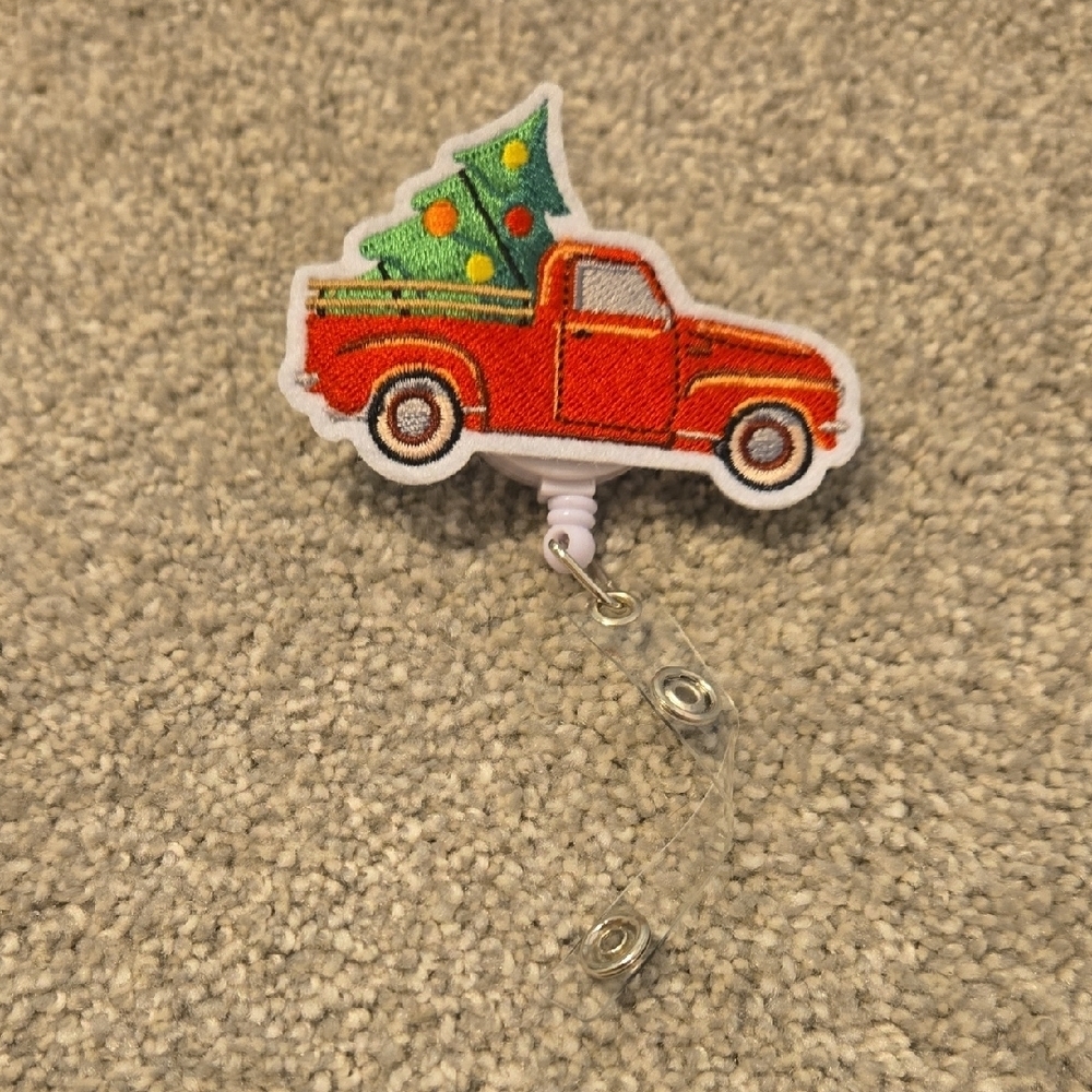 Red Truck Badge Reel with Christmas Tree
